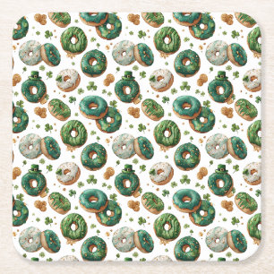 St Patricks Day Watercolor Donut & Shamrock Square Paper Coaster
