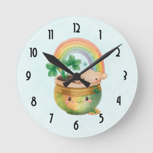 St. Patrick's Day Whimsical Rainbow & Clover Round Clock
