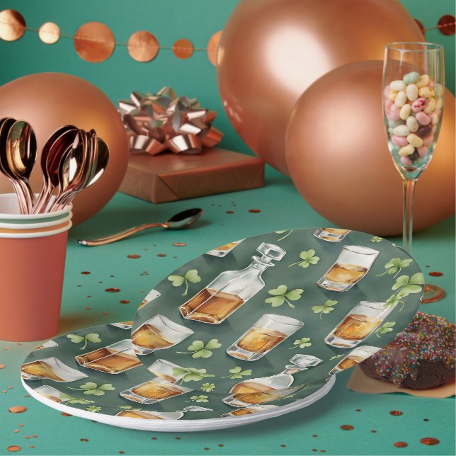 St. Patrick's Day Whiskey and Shamrocks Pattern Paper Plate (Multi)