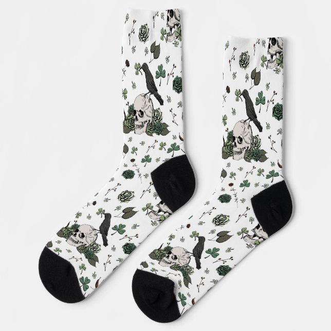 St Patrick's Day White & Green Skulls & Roses Socks (Left)