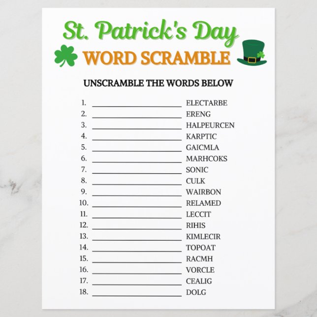 St. Patrick's Day Word Scramble Game (Front)