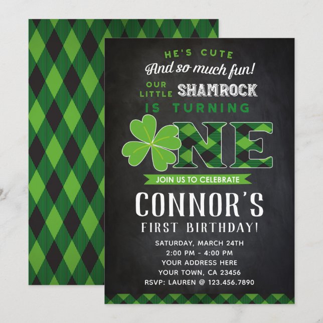 St Patrick's First Birthday Invitation Chalkboard (Front/Back)