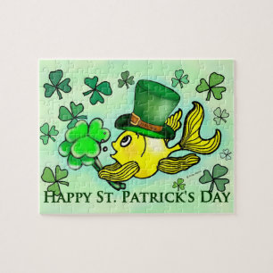 St Patrick's Green leprechaun goldfish & shamrocks Jigsaw Puzzle