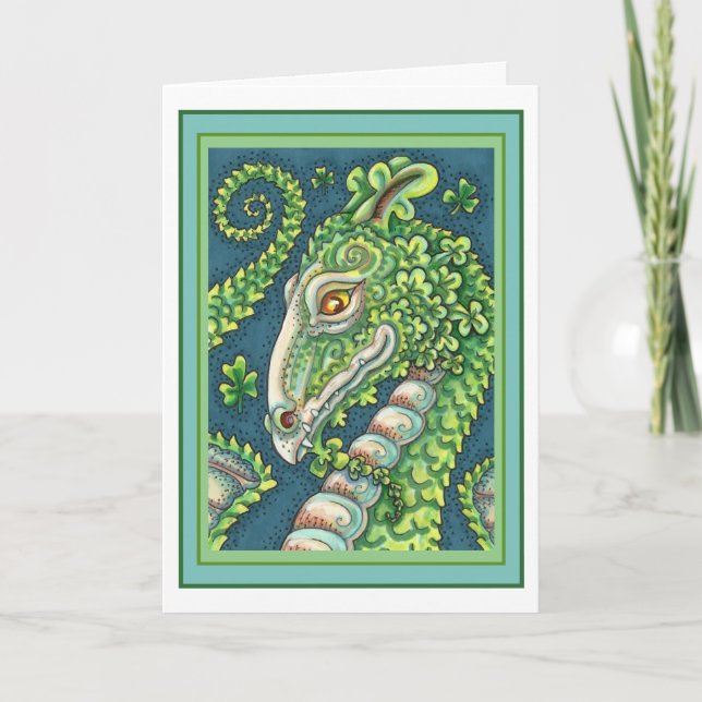 ST. PATRICK'S GREEN SHAMROCK DRAGON, IRISH FANTASY HOLIDAY CARD (Front)