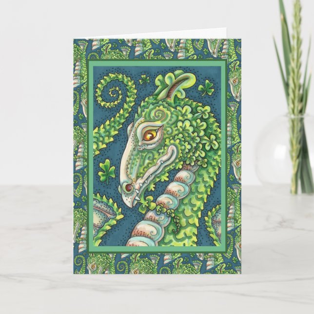 ST. PATRICK'S GREEN SHAMROCK DRAGON, IRISH FANTASY HOLIDAY CARD (Front)