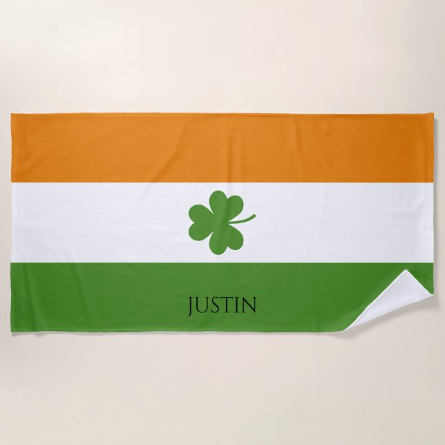 St Patrick's Irish Flag w Shamrock | Personalize Beach Towel (Front)