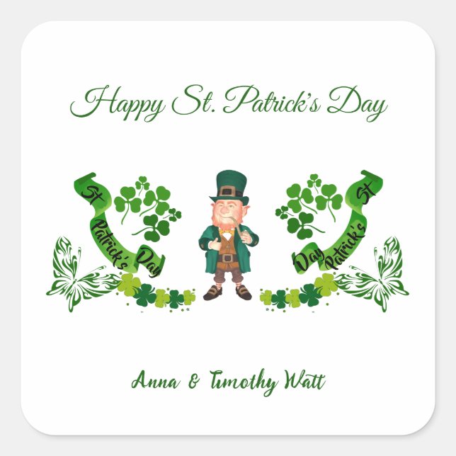 St Patricks Leprechaun Butterfly Lucky Shamrocks  Square Sticker (Front)