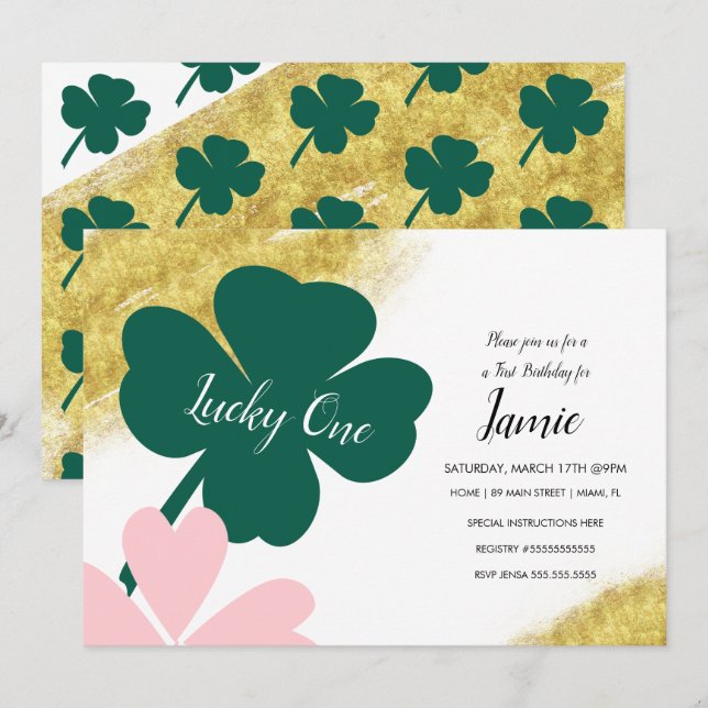 St. Patricks Lucky 1st Birthday Green Pink Gold Invitation (Front/Back)