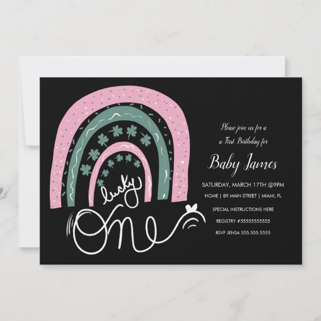 St. Patricks Lucky 1st Birthday Hand Drawn Rainbow Invitation (Front)