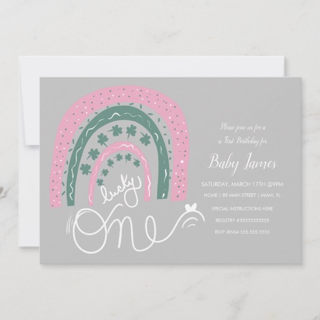 St. Patricks Lucky Birthday Hand Drawn Rainbow Invitation (Front)
