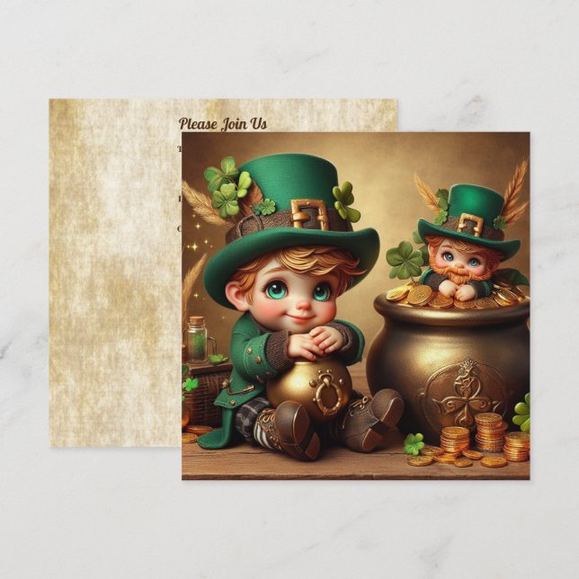St Patrick's Pot of Gold Boy Leprechaun Square Invitation (Front/Back)