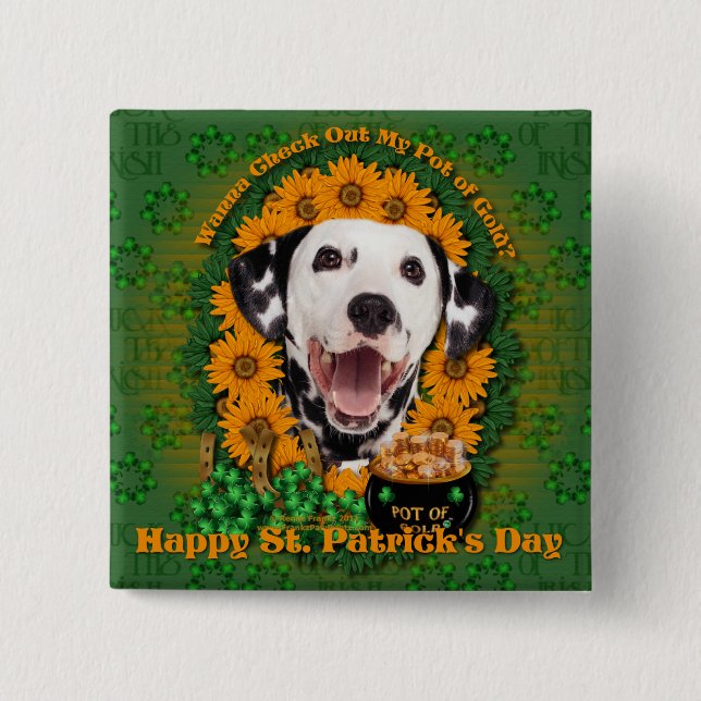 St Patricks - Pot of Gold - Dalmatian 2 Inch Square Button (Front)