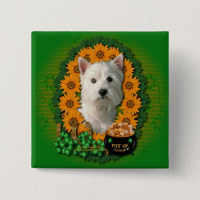 St Patricks - Pot of Gold - West Highland Terrier 2 Inch Square Button (Front)