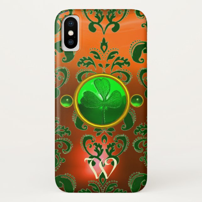 ST PATRICK'S SHAMROCK ORANGE GREEN DAMASK MONOGRAM Case-Mate iPhone CASE (Back)