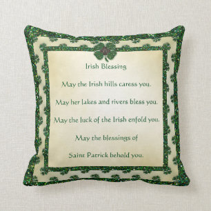 St. Patrick's Sparkly Shamrocks Irish Blessing Throw Pillow