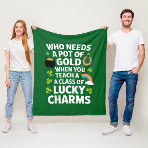 St Patricks Teacher Lucky Charm Clover Irish  Fleece Blanket