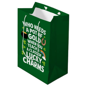 St Patricks Teacher Lucky Charm Clover Irish  Medium Gift Bag