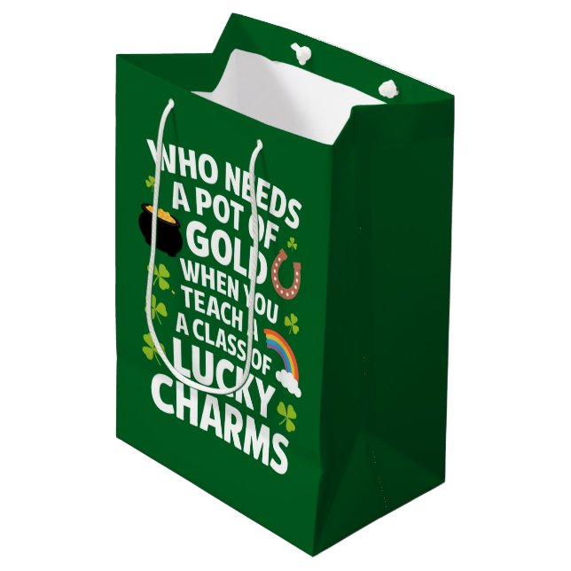 St Patricks Teacher Lucky Charm Clover Irish  Medium Gift Bag (Front Angled)