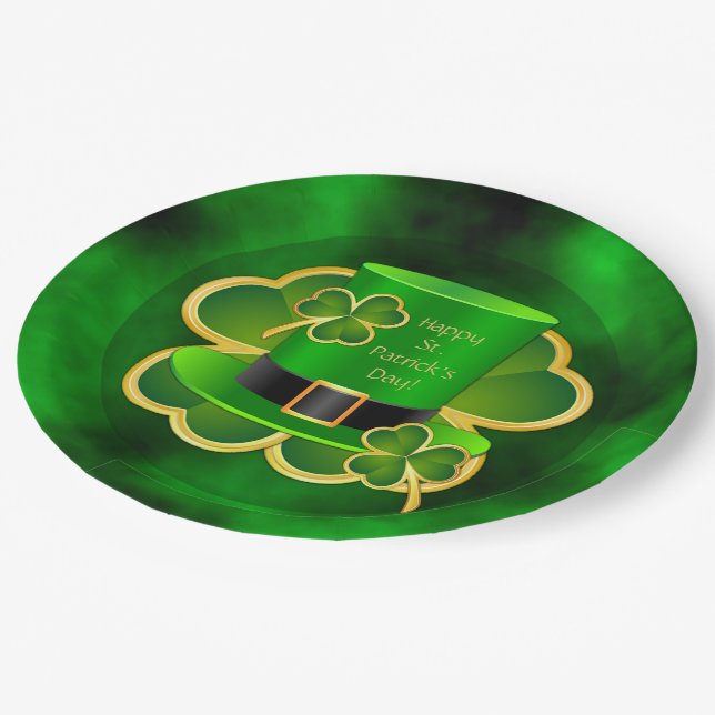 St. Patrick's Top Hat & Shamrocks Paper Plates (Angled)