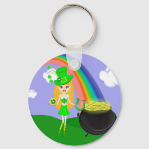 St Pat's Day Blonde Girl Leprechaun with Rainbow Keychain