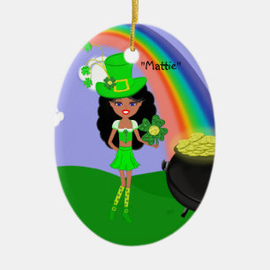 St Pat's Day Brunette Girl Leprechaun with Rainbow Ceramic Ornament