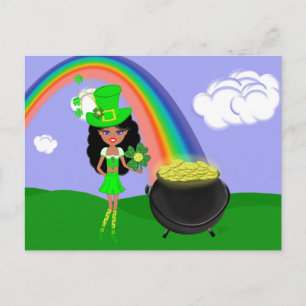 St Pat's Day Brunette Girl Leprechaun with Rainbow Postcard