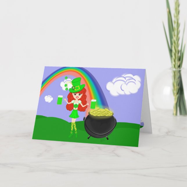 St Pat's Day Redhead Girl Leprechaun with Rainbow Card (Front)