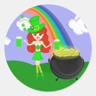 St Pat's Day Redhead Girl Leprechaun with Rainbow Classic Round Sticker