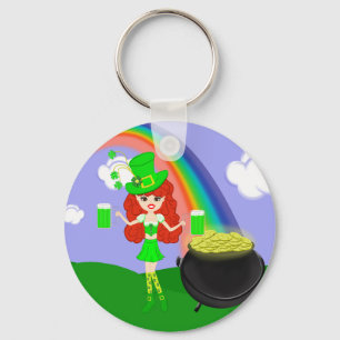 St Pat's Day Redhead Girl Leprechaun with Rainbow Keychain