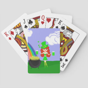St Pat's Day Redhead Girl Leprechaun with Rainbow  Playing Cards
