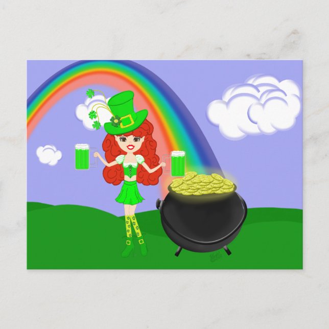 St Pat's Day Redhead Girl Leprechaun with Rainbow Postcard (Front)
