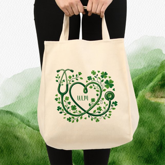 St Pattys Heart Clover Stethoscope Nurses Initials Tote Bag (Creator Uploaded)