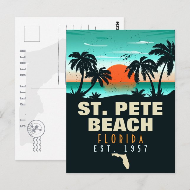 St. Pete Beach Florida Retro Sunset Palm Tree 60s Postcard (Front/Back)