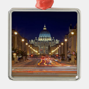 St Peter's Basilica toward end of road at night Metal Ornament