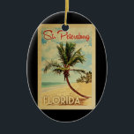 St Petersburg Palm Tree Vintage Travel Ceramic Ornament<br><div class="desc">A uniquely retro mid-century modern St. Petersburg Florida art print in vintage travel poster style. It features a curved palm tree on sandy beach with ocean under a blue cloudy sky.</div>