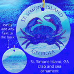 St Simons Island, Georgia Crab and Ocean Waves Ceramic Ornament<br><div class="desc">A handsome blue crab is framed against a beautiful sea background. This unique St. Simons Island, GA ornament will make the perfect holiday souvenir gift. The crab artwork is detailed in a watercolor style. The magnificent shades of blue will easily take your mind back to the beach. The back contains...</div>