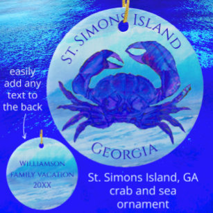 St Simons Island, Georgia Crab and Ocean Waves Ceramic Ornament