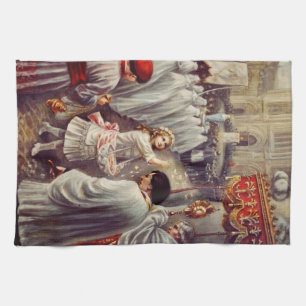St. Teresa throws flowers to the Blessed Sacrament Kitchen Towel