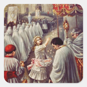 St. Teresa throws flowers to the Blessed Sacrament Square Sticker