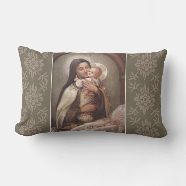 St. Therese Baby Jesus Manger Pink Roses Lumbar Pillow (Front)