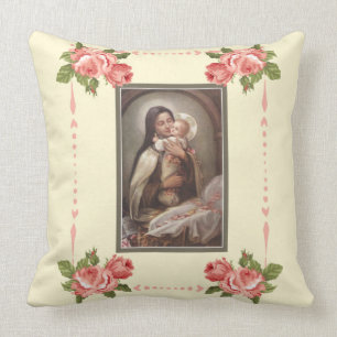 St. Therese Baby Jesus Manger Pink Roses Throw Pillow
