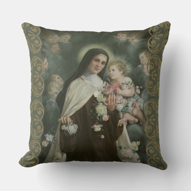 St. Therese Little Flower Angels Cherubs Roses Throw Pillow (Front)