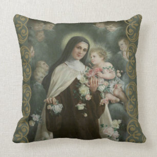 St. Therese Little Flower Angels Cherubs Roses Throw Pillow