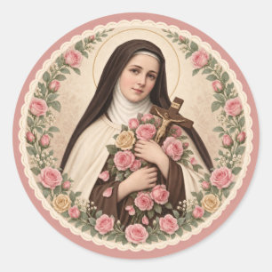 St. Therese Little Flower Pink Roses Catholic Classic Round Sticker