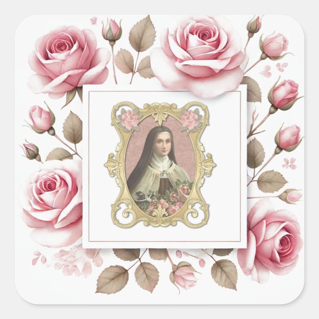 St. Therese of Lisieux Watercolor Pink Roses Square Sticker (Front)