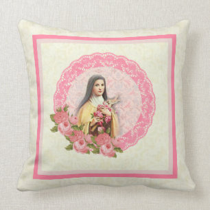 St. Therese Pink Roses Crucifix Throw Pillow