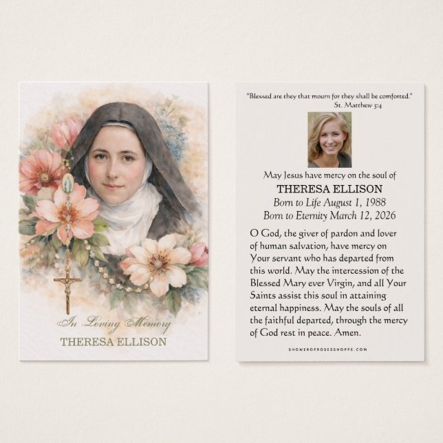 St. Therese Rosary Floral Funeral Prayer Memorial  (Front & Back)