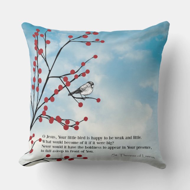 St. Therese the Little Flower, bird, branch, cloud Throw Pillow (Front)