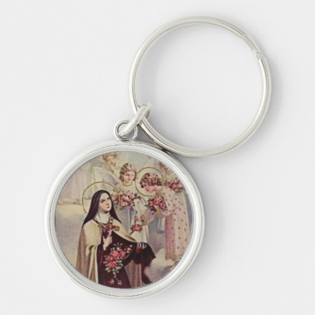 St. Therese the Little Flower Pink Roses Angels Keychain (Front)