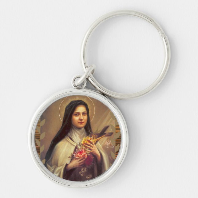 St. Therese the Little Flower Pink Roses Crucifix Keychain (Front)